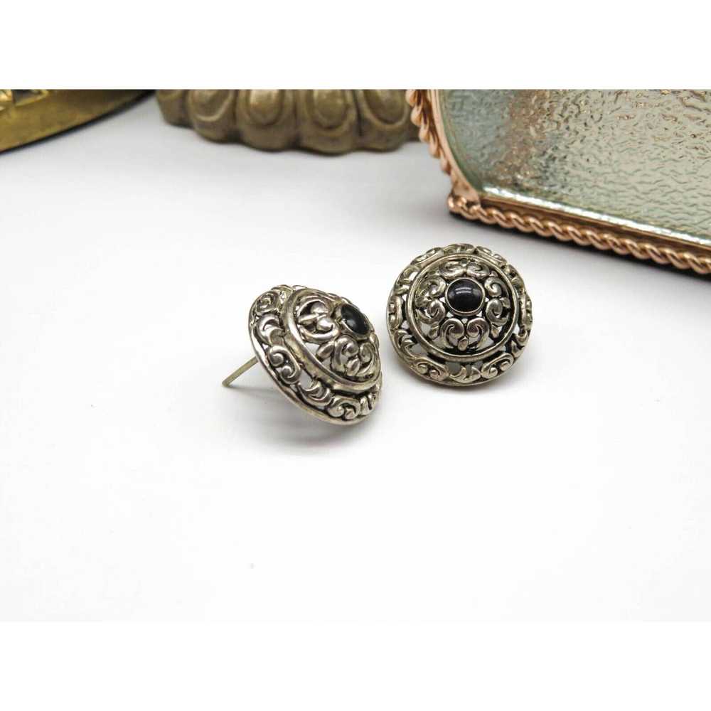 Vintage Retro Silver Tone Black Enamel Filigree D… - image 2