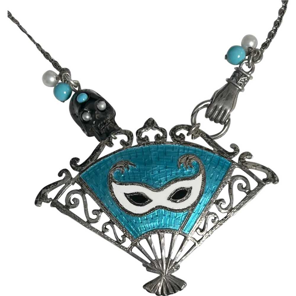 Sterling Enamel Fan, Skull, Hand Necklace - image 1