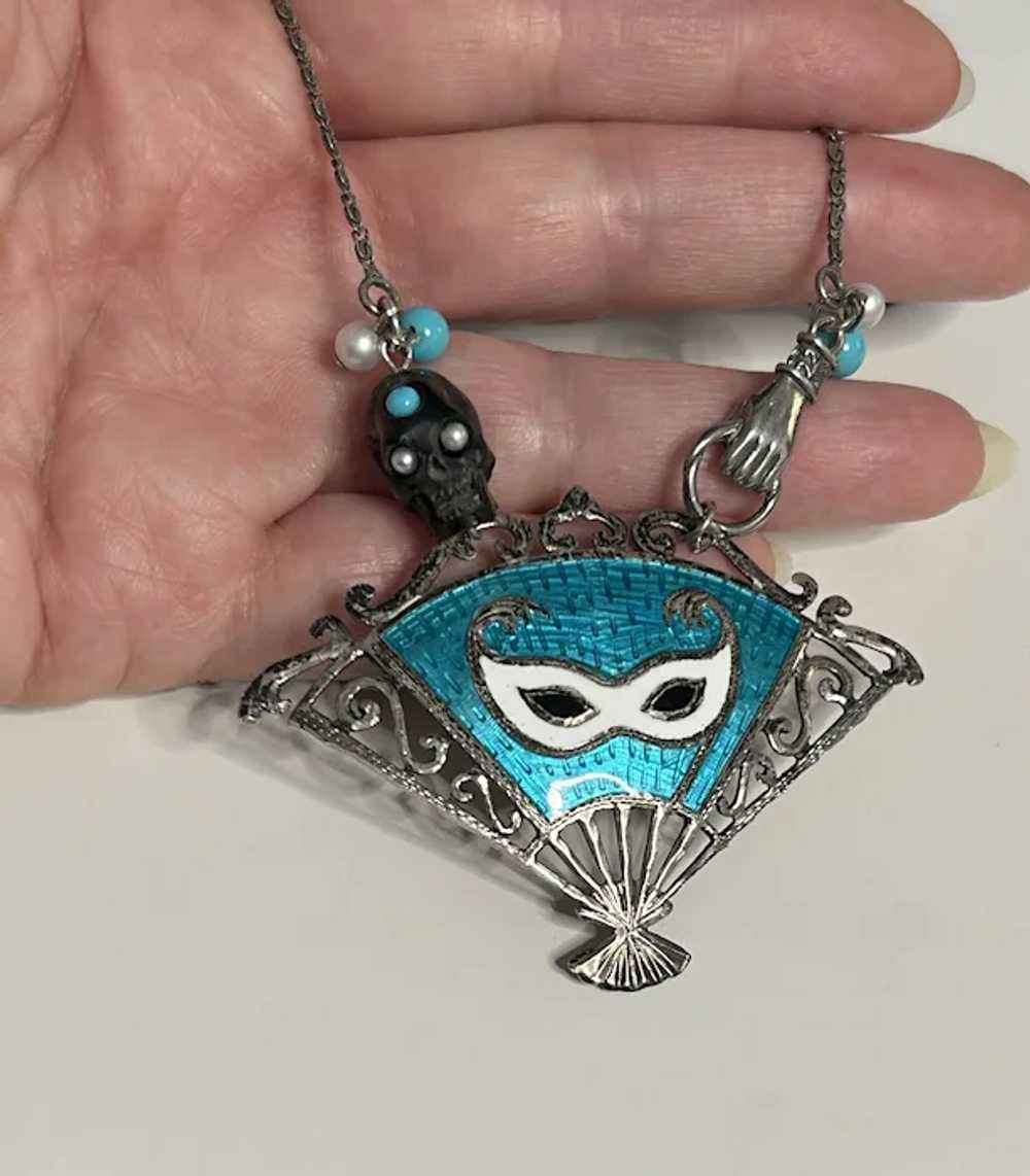 Sterling Enamel Fan, Skull, Hand Necklace - image 2