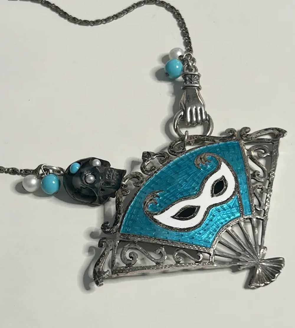 Sterling Enamel Fan, Skull, Hand Necklace - image 3