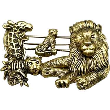 Lion, Tiger and Giraffe Goldtone Brooch with Slid… - image 1