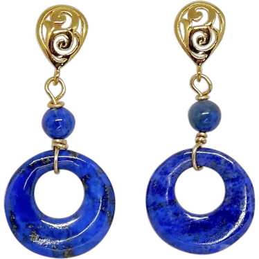 Blue Lapis Lazuli Disk Drop Earrings 18k Gold Ver… - image 1