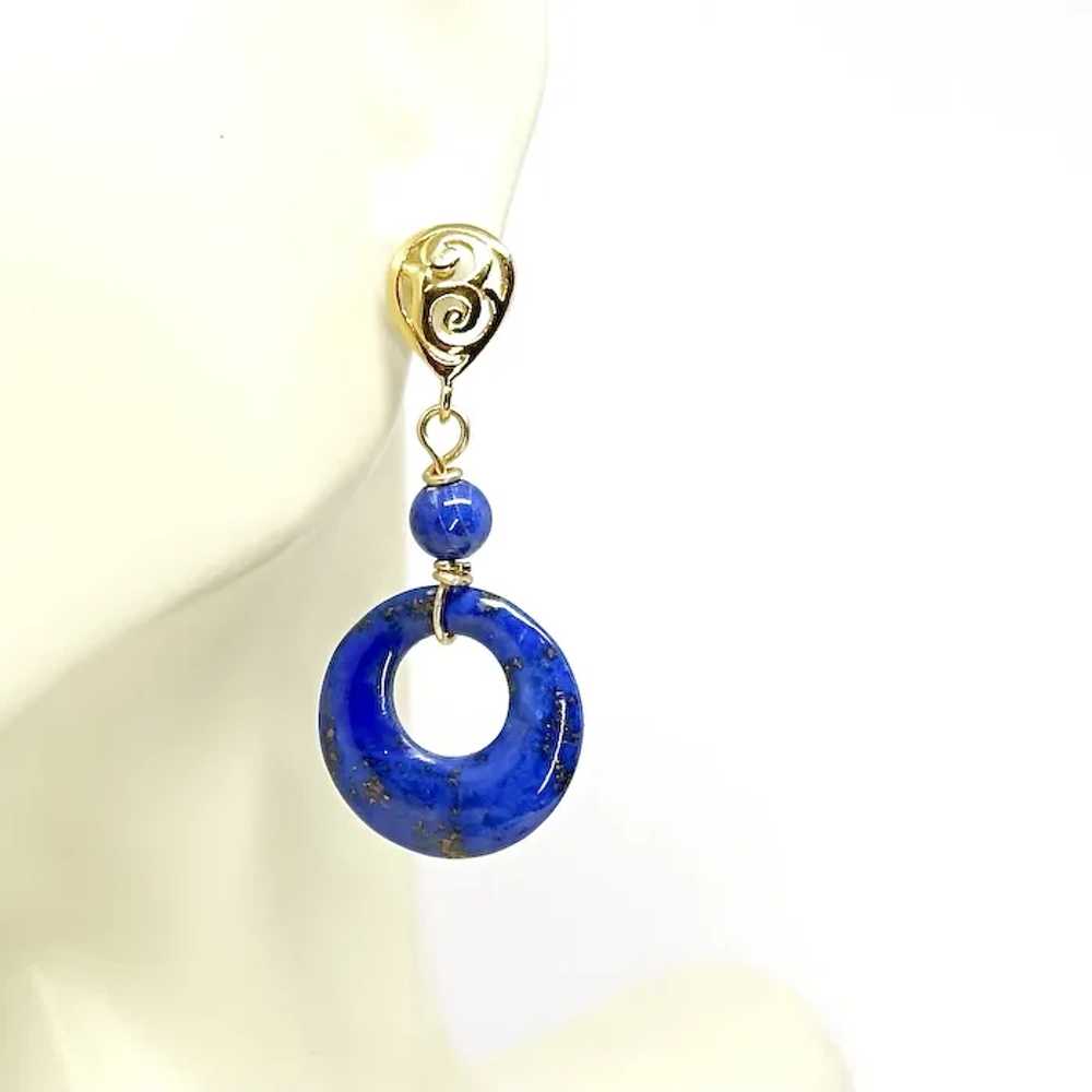 Blue Lapis Lazuli Disk Drop Earrings 18k Gold Ver… - image 2