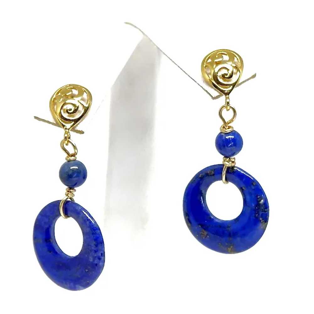 Blue Lapis Lazuli Disk Drop Earrings 18k Gold Ver… - image 3