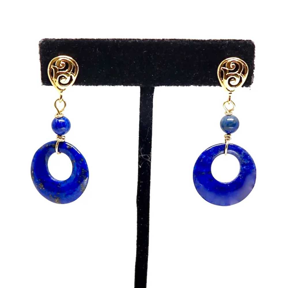Blue Lapis Lazuli Disk Drop Earrings 18k Gold Ver… - image 4