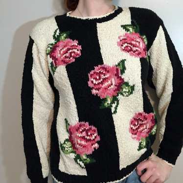 Vintage Liz Wear Striped Rose Sweater, M - image 1