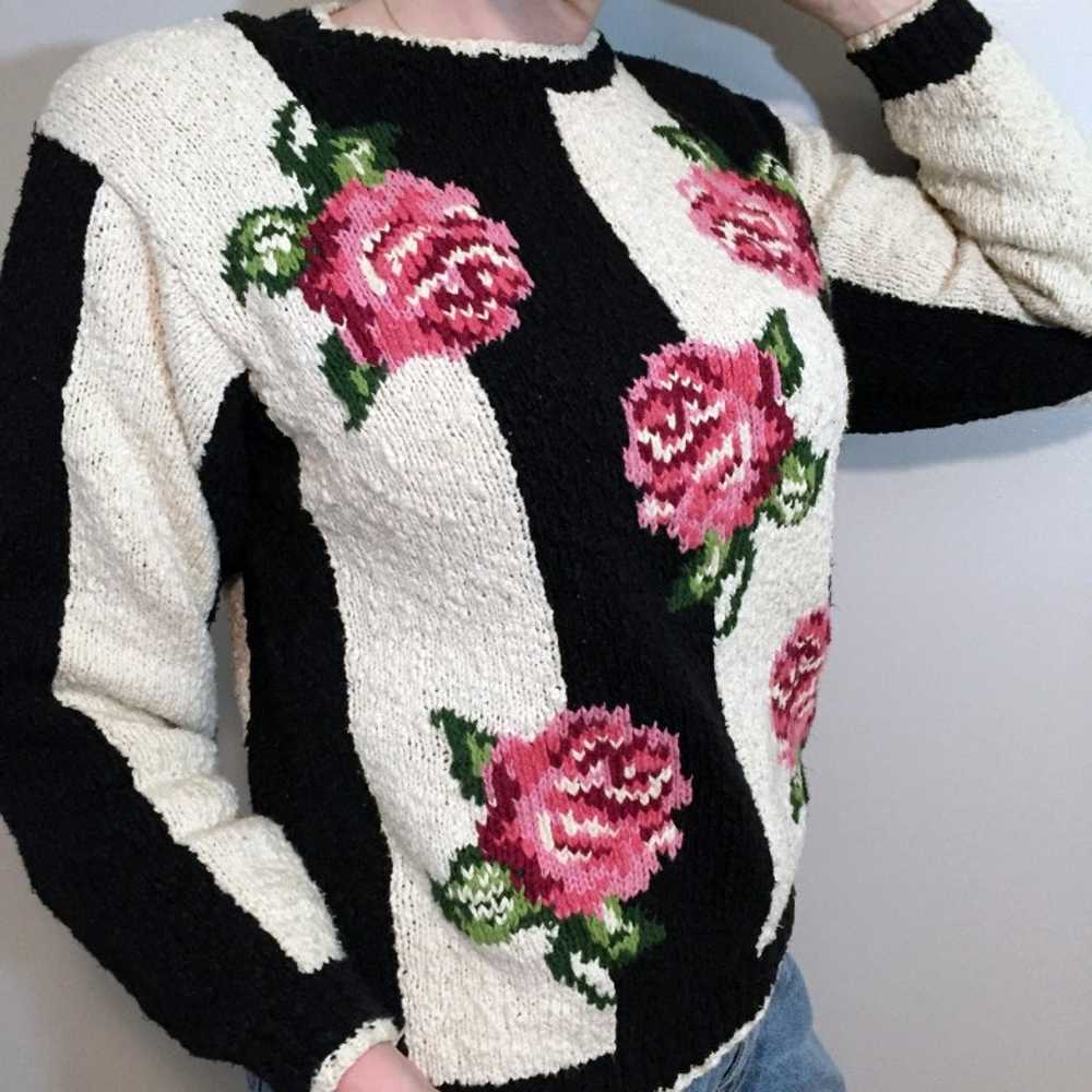 Vintage Liz Wear Striped Rose Sweater, M - image 3