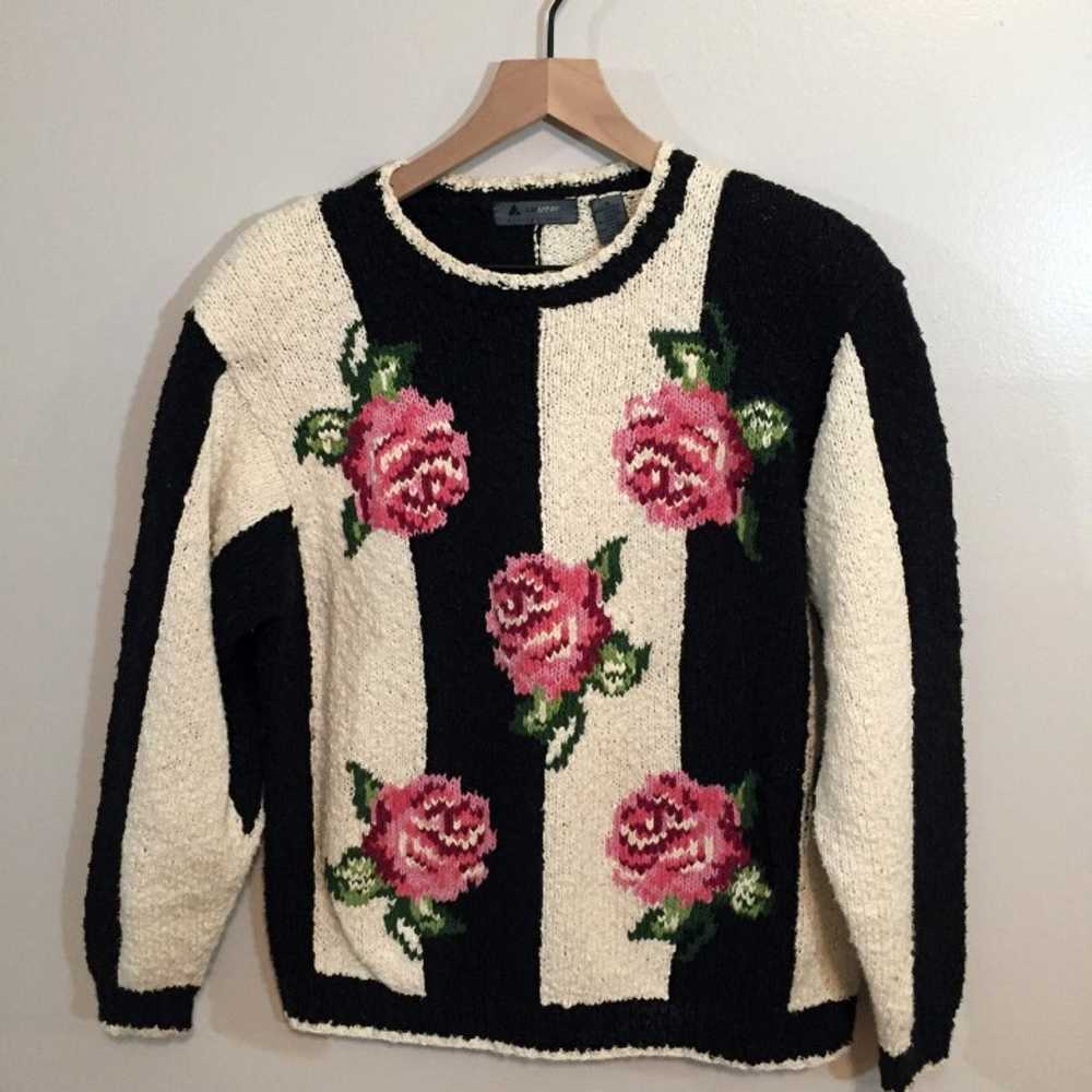 Vintage Liz Wear Striped Rose Sweater, M - image 4