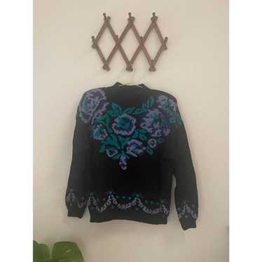 Vintage Black Floral Chunky Knit Sweater - image 1