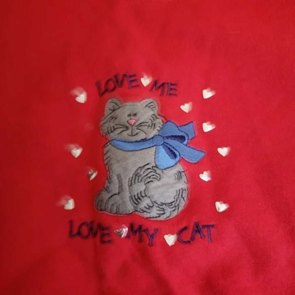 Vintage Cat Embroidered Hearts Sweatshirt Double … - image 2