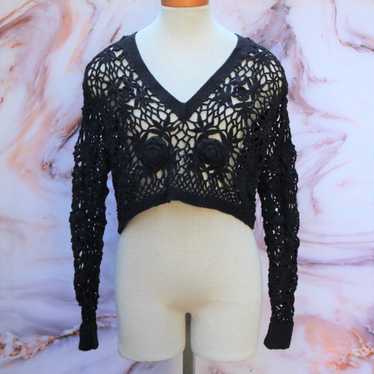 Womens Fishnet Crochet Cotton Flare Bell Sleeve Jumper Crop Top Mesh See Net