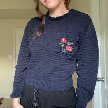Vintage hand embroidered floral sweater M - image 1