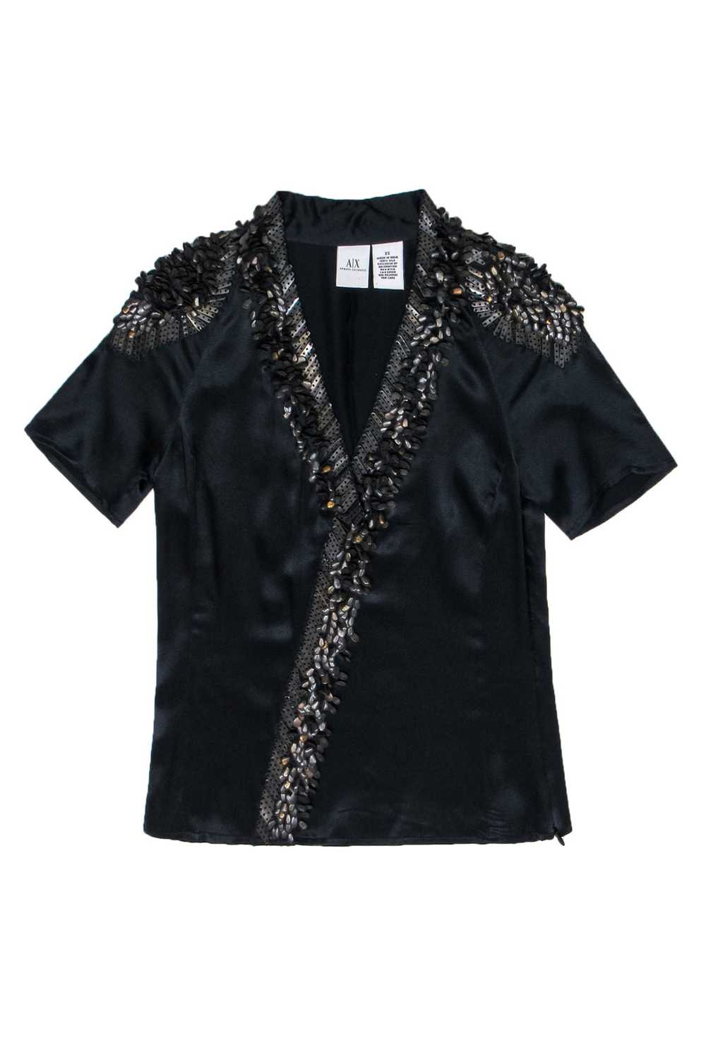 Armani Exchange - Black Silk Satin Tee w/ Bronze … - image 1