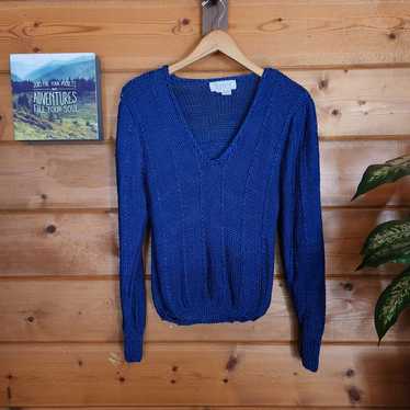 Nanell Vintage 80s Handknit Blue Crochet Sweater … - image 1