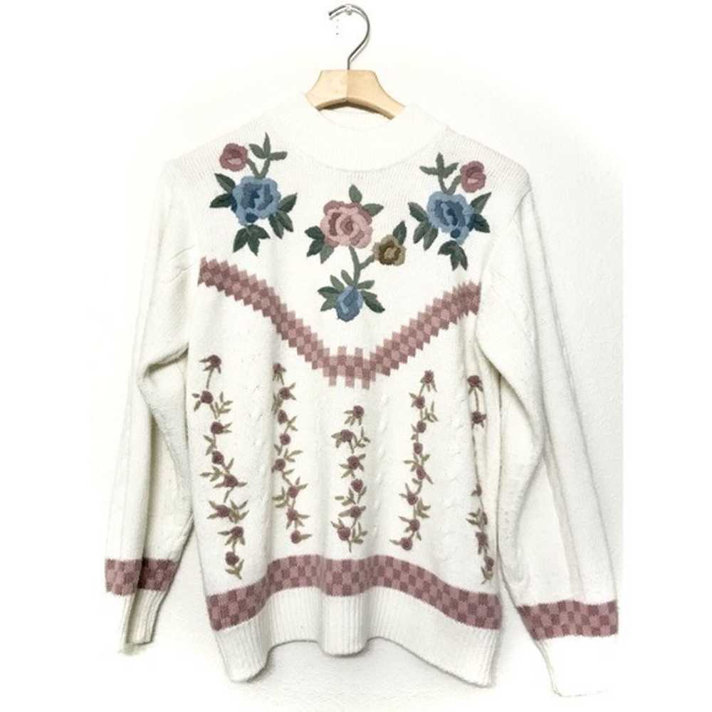 Vintage Ivory Floral Embroidered Checkered Ribbed… - image 2