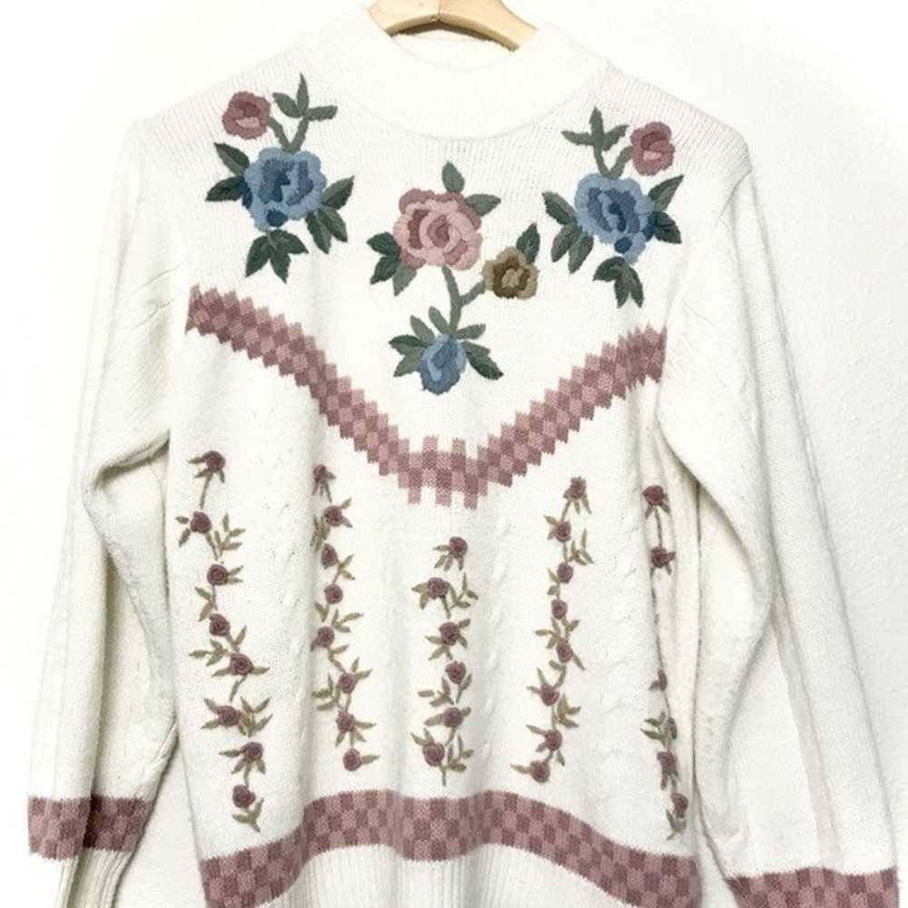 Vintage Ivory Floral Embroidered Checkered Ribbed… - image 4