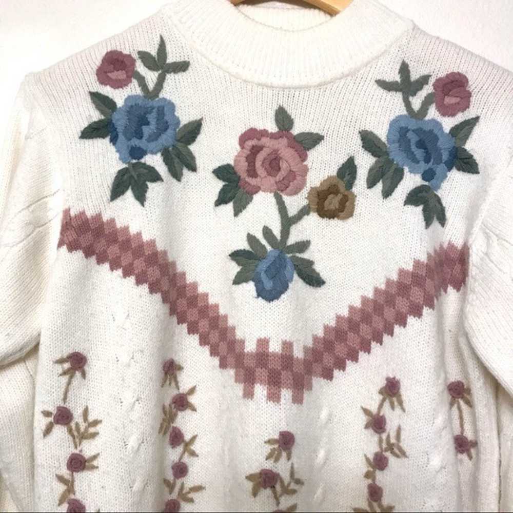 Vintage Ivory Floral Embroidered Checkered Ribbed… - image 5