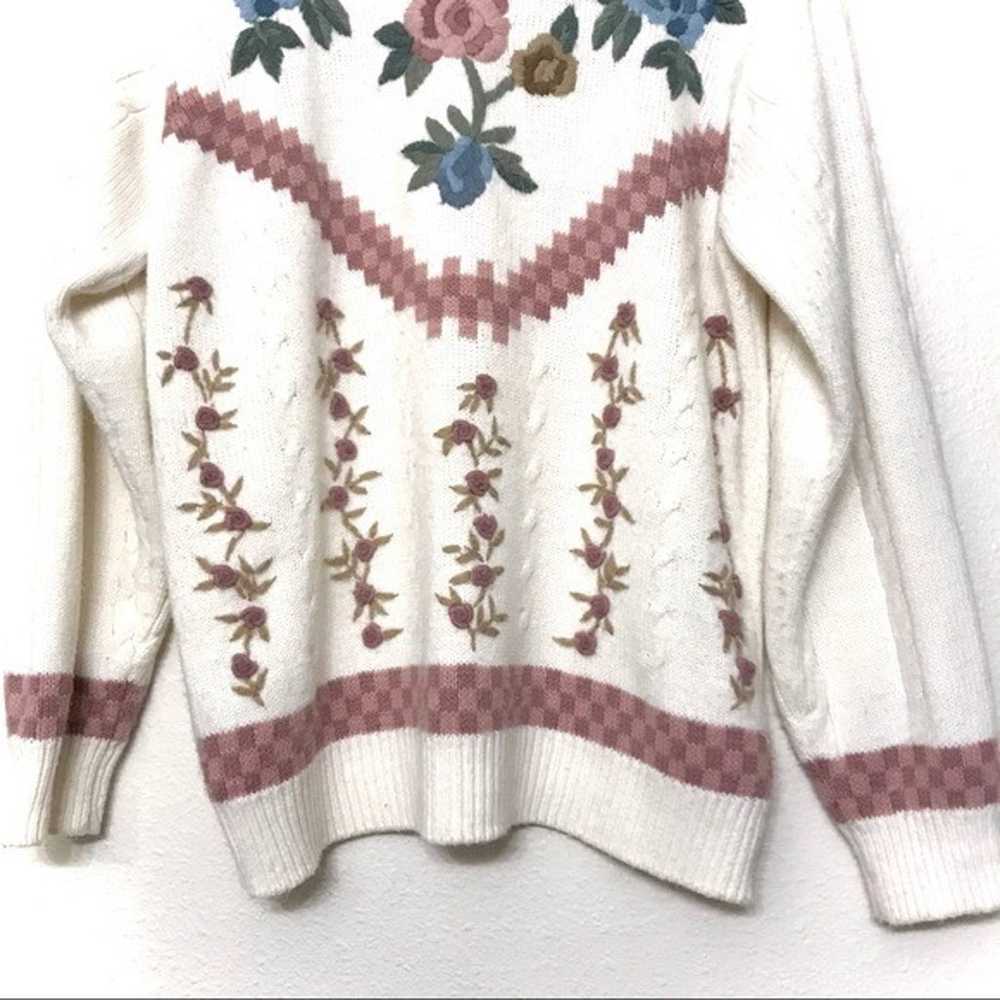 Vintage Ivory Floral Embroidered Checkered Ribbed… - image 6