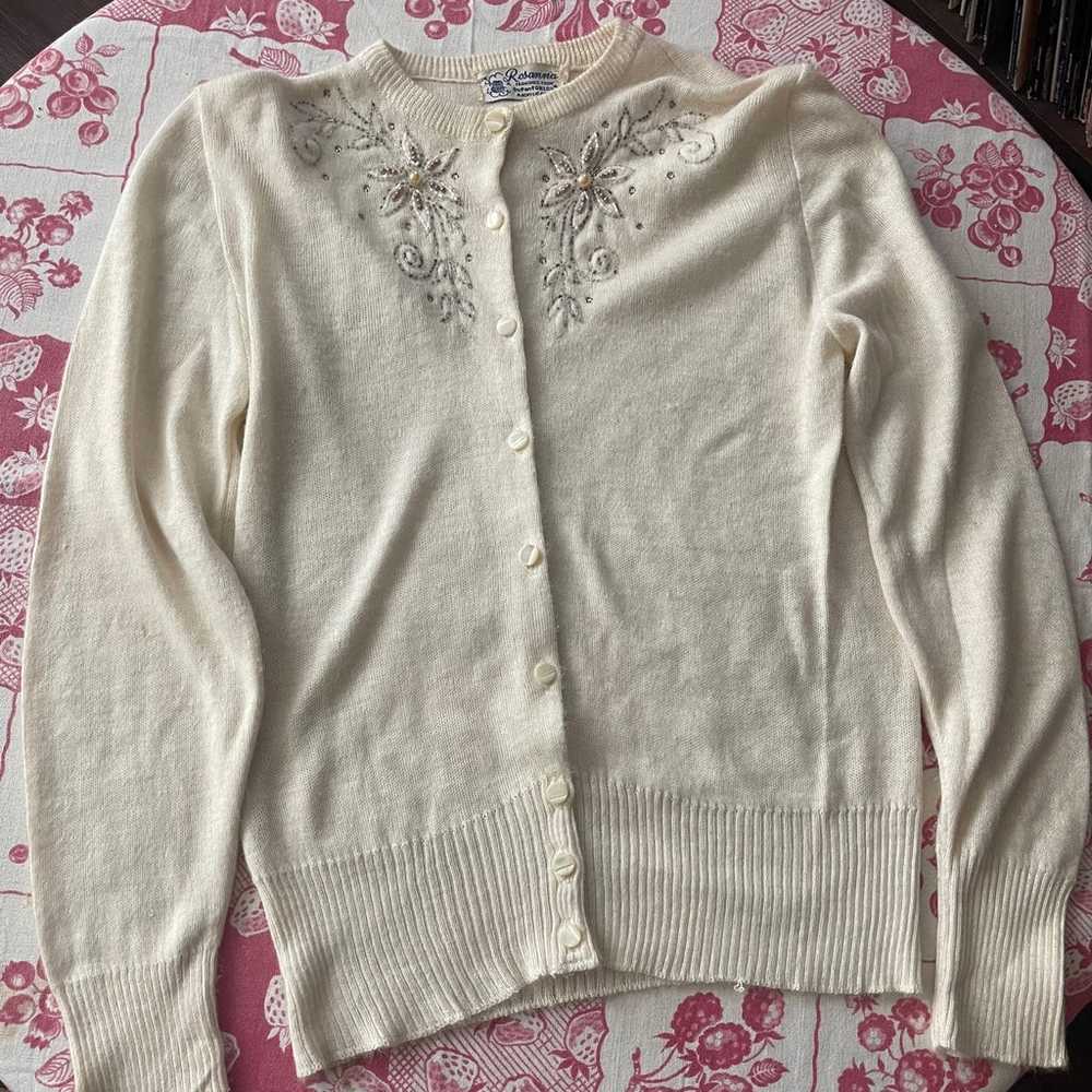 Vintage Rosanna 60's Soft White Beaded Cardigan S… - image 1