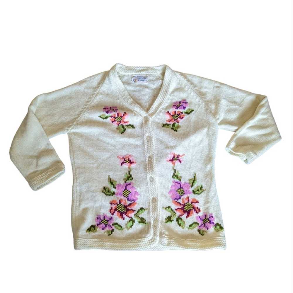 Vintage 70s Cream & Floral Chunky Knit Button Up … - image 4