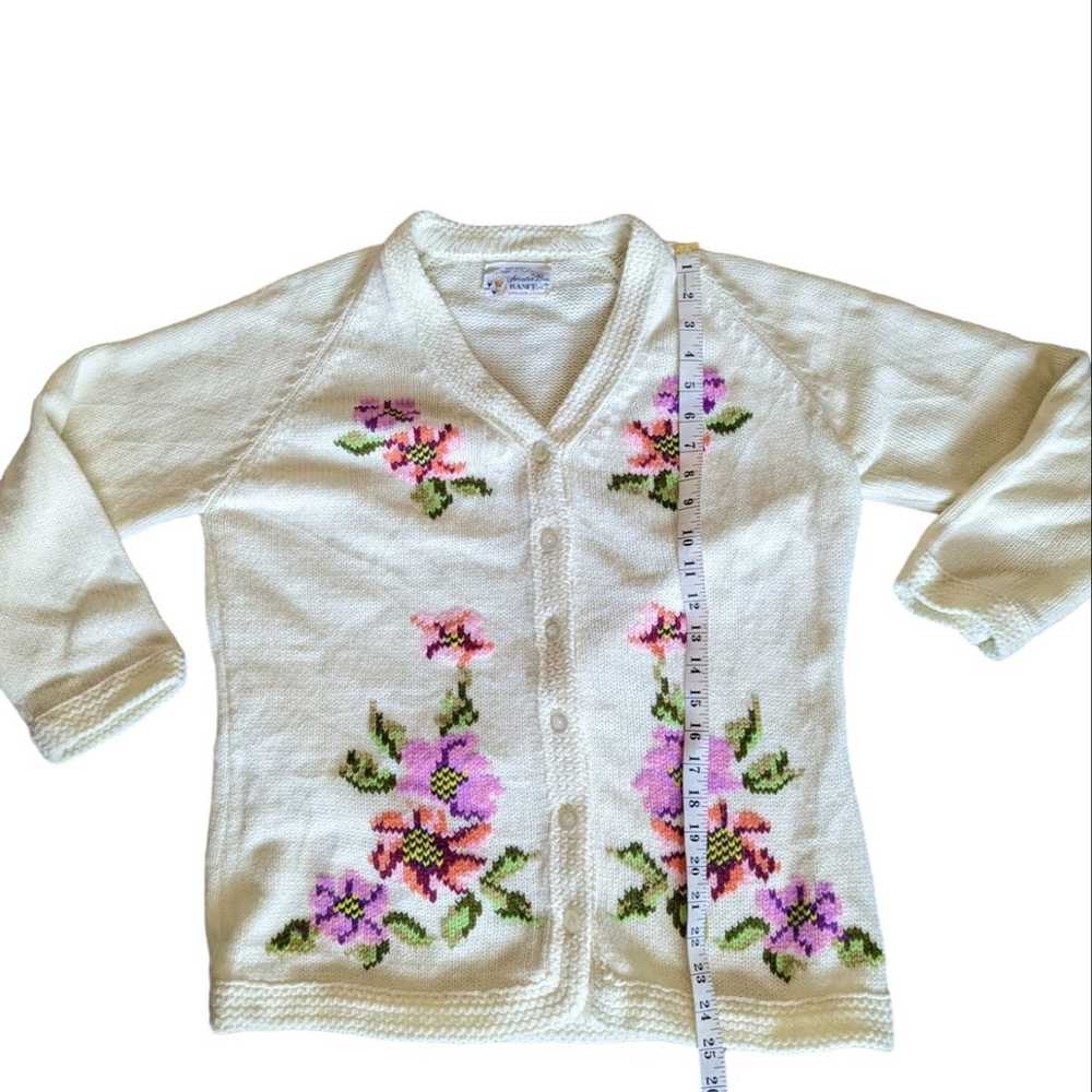 Vintage 70s Cream & Floral Chunky Knit Button Up … - image 6
