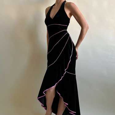 Vintage 90s Black velvet ruffle maxi dress (L) - image 1
