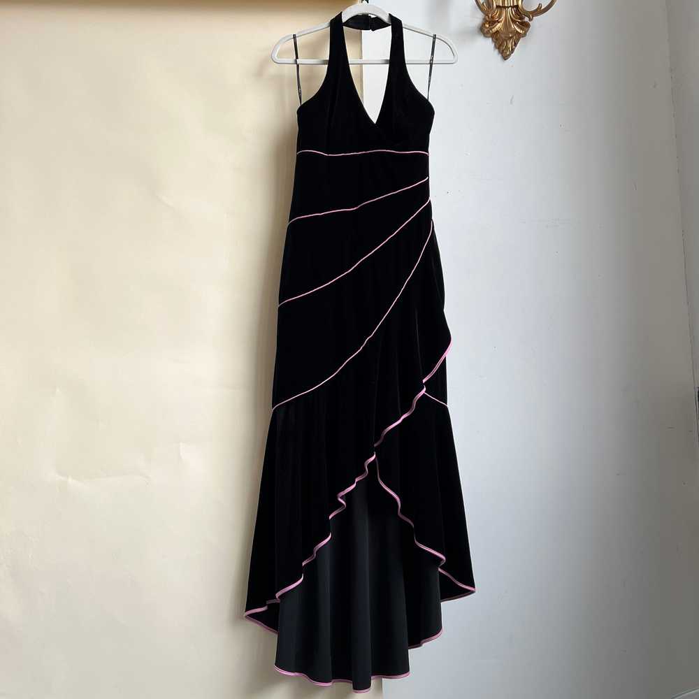 Vintage 90s Black velvet ruffle maxi dress (L) - image 3