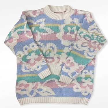 Vintage Pastel Stripe Floral Lurex Sweater Medium