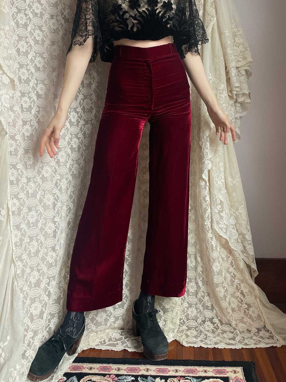 1970s Maroon Dark Red Velvet Pants Wide Leg - image 1