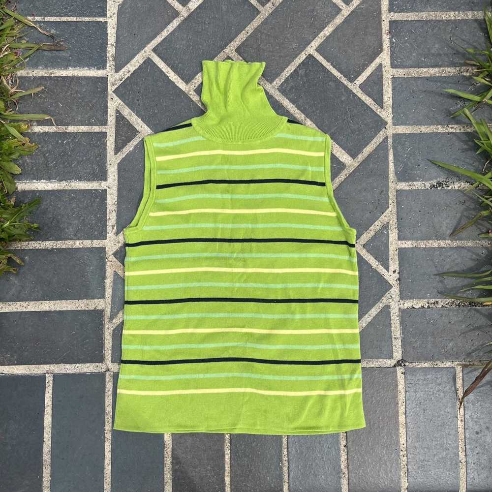 90’s Sleeveless Turtleneck Sweater Stripped Green - image 1