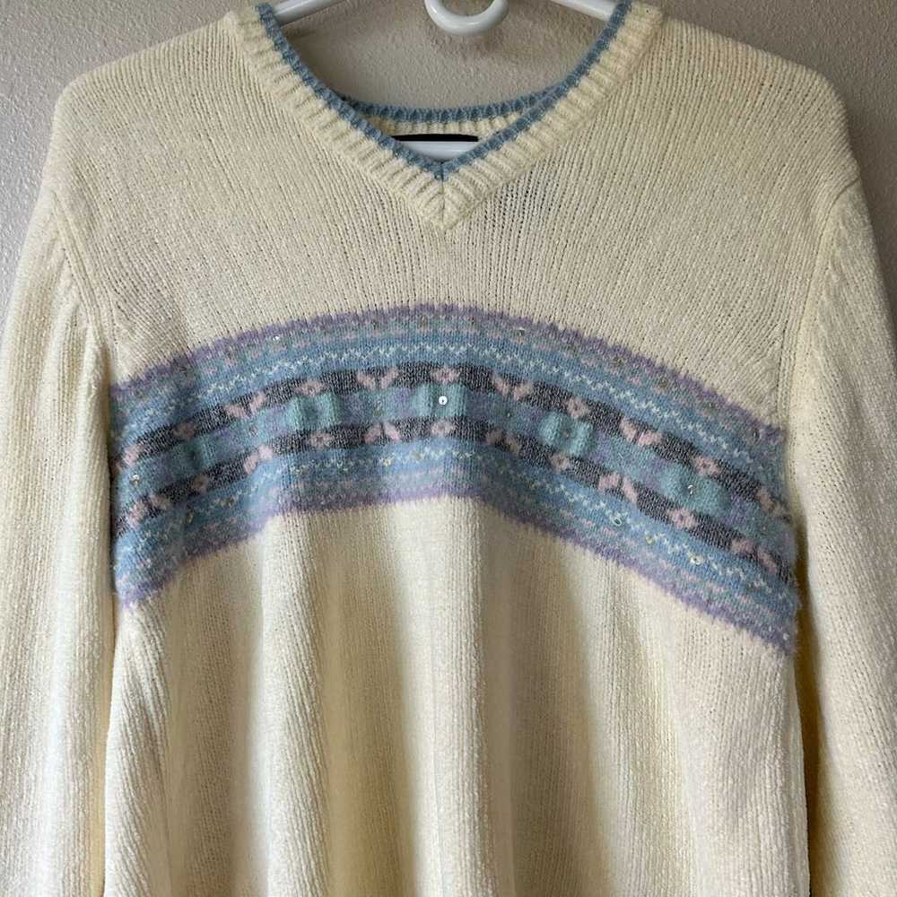 Vintage Crazy Horse Knit Sweater V Neck soft crea… - image 3