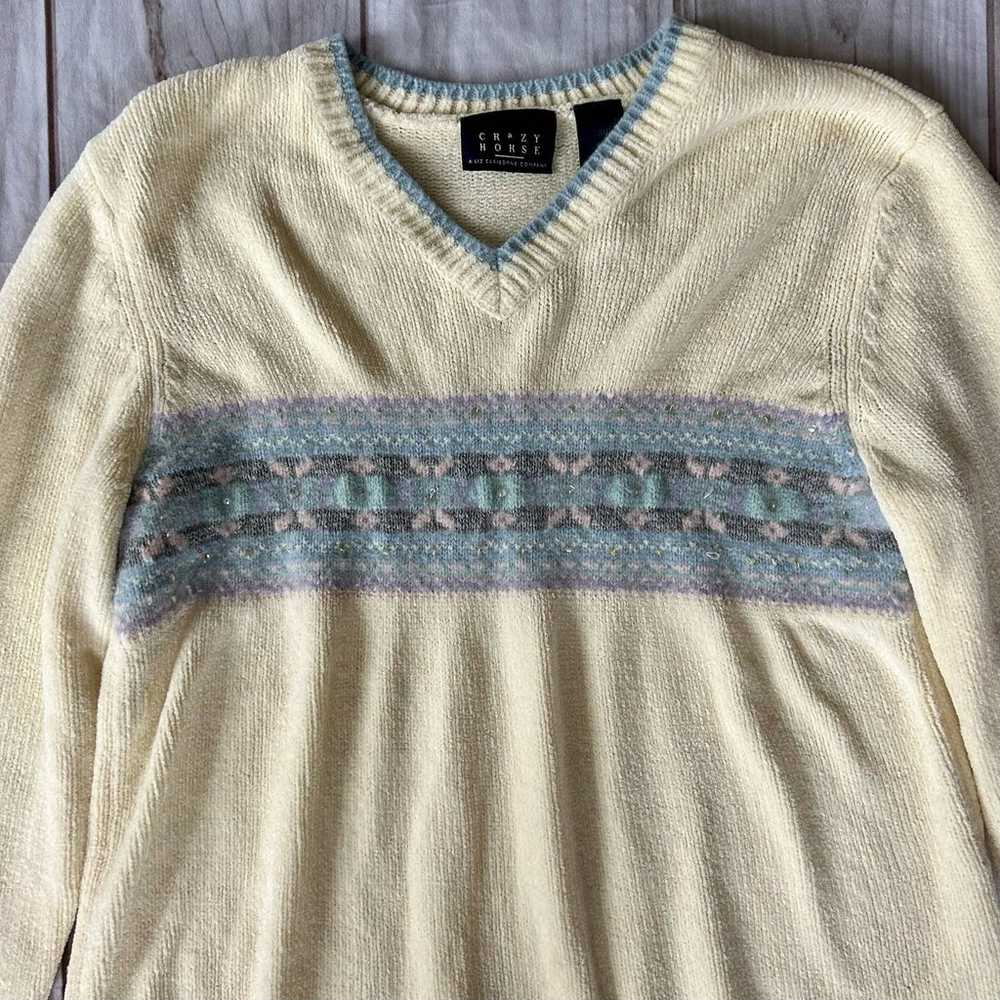 Vintage Crazy Horse Knit Sweater V Neck soft crea… - image 7
