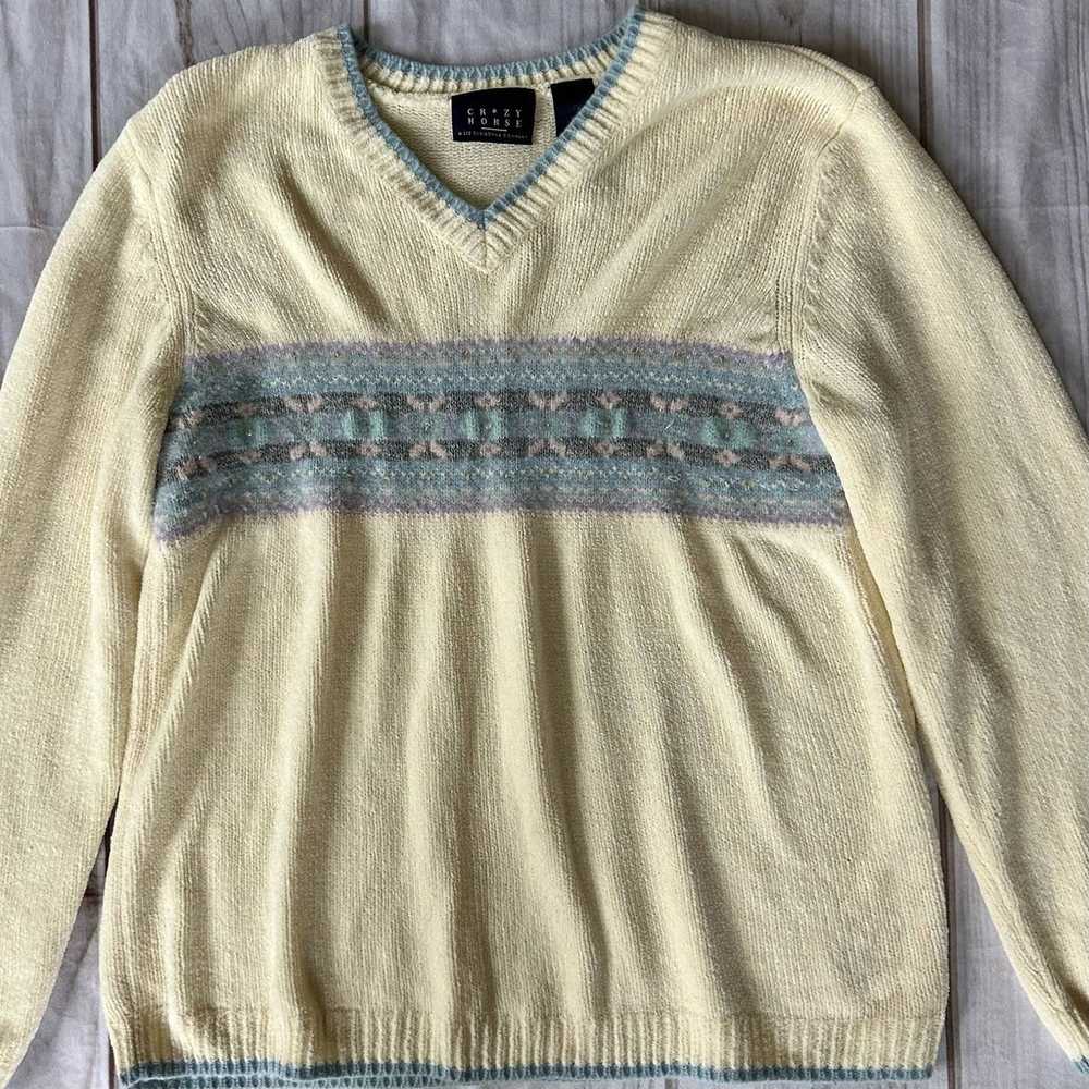 Vintage Crazy Horse Knit Sweater V Neck soft crea… - image 8