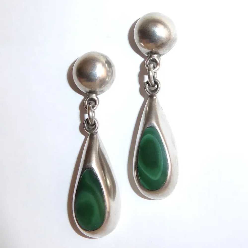 Mexican Sterling & Malachite Teardrop Earrings - image 2