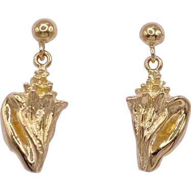 Nautical Conch Sea Shell Dangle Earrings 14k Gold