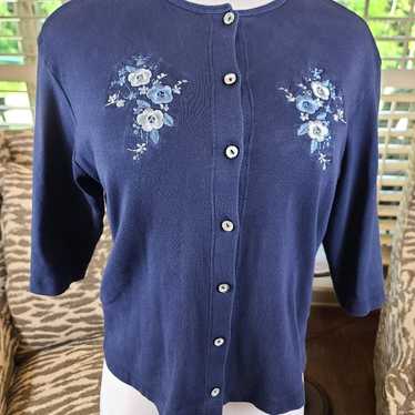 Vintage RAD Navy Cardigan with Embroidered flower… - image 1