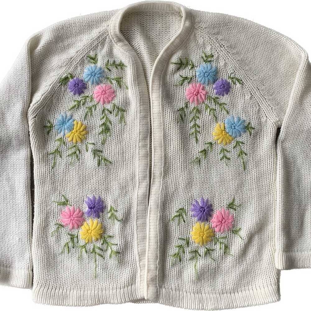 Vintage 70s 80s floral embroidered knit cardigan - image 1