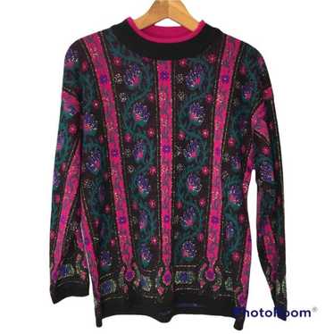 Vintage 80s Black Floral Sweater, Bright Fuchsia … - image 1