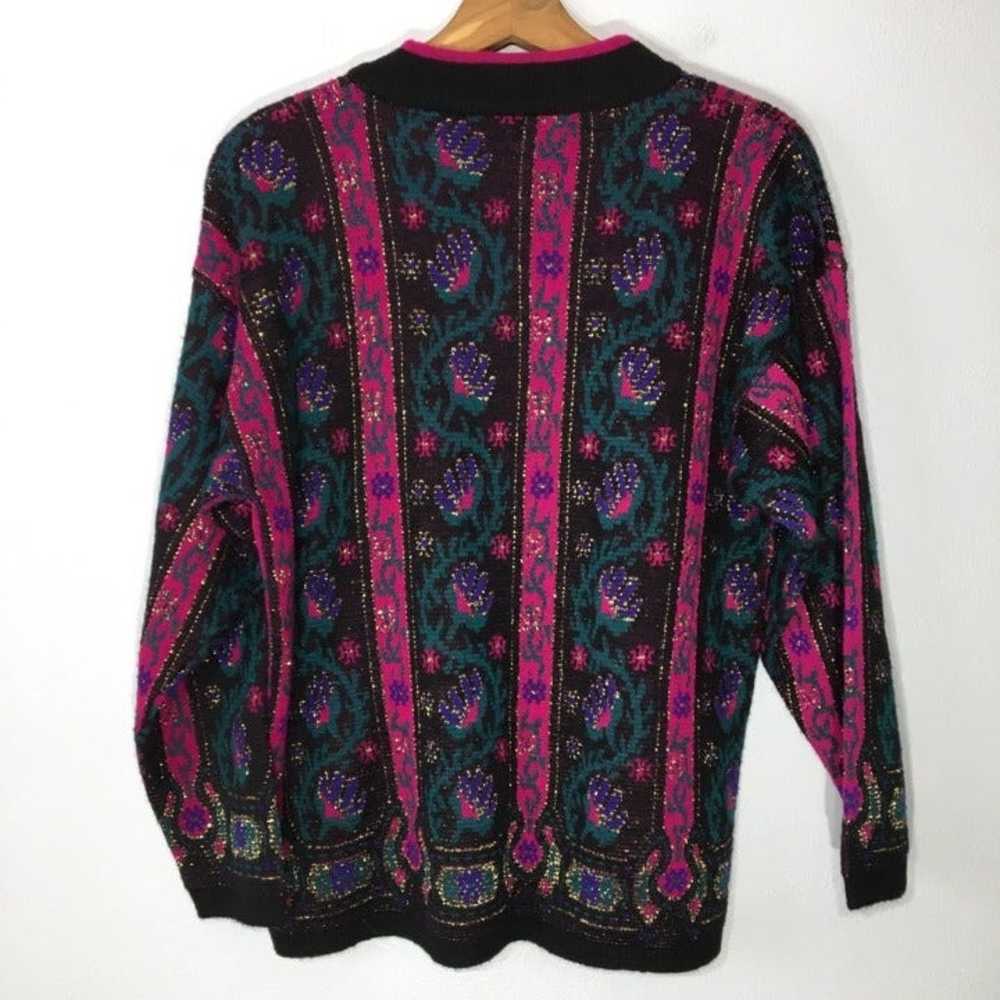 Vintage 80s Black Floral Sweater, Bright Fuchsia … - image 3