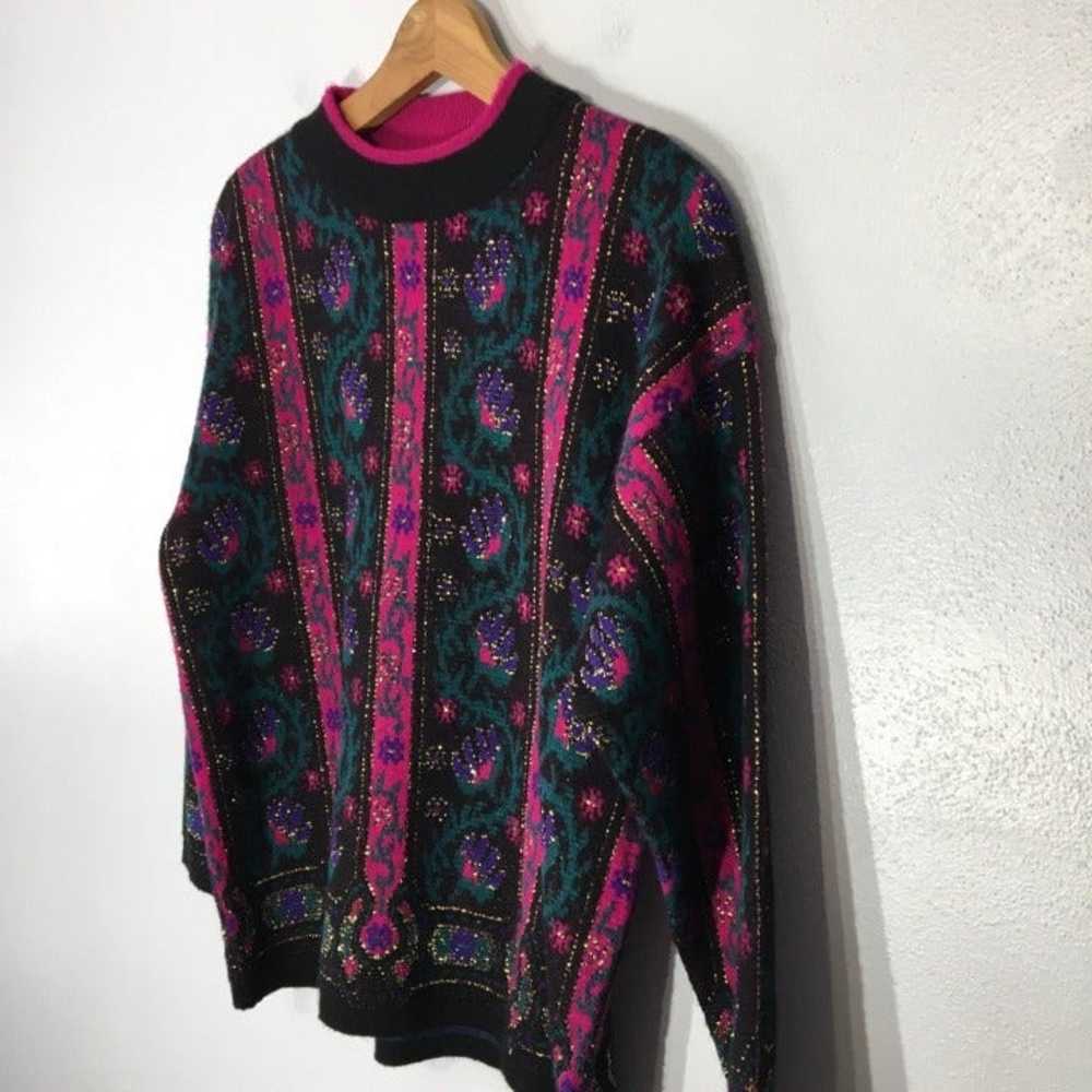 Vintage 80s Black Floral Sweater, Bright Fuchsia … - image 4