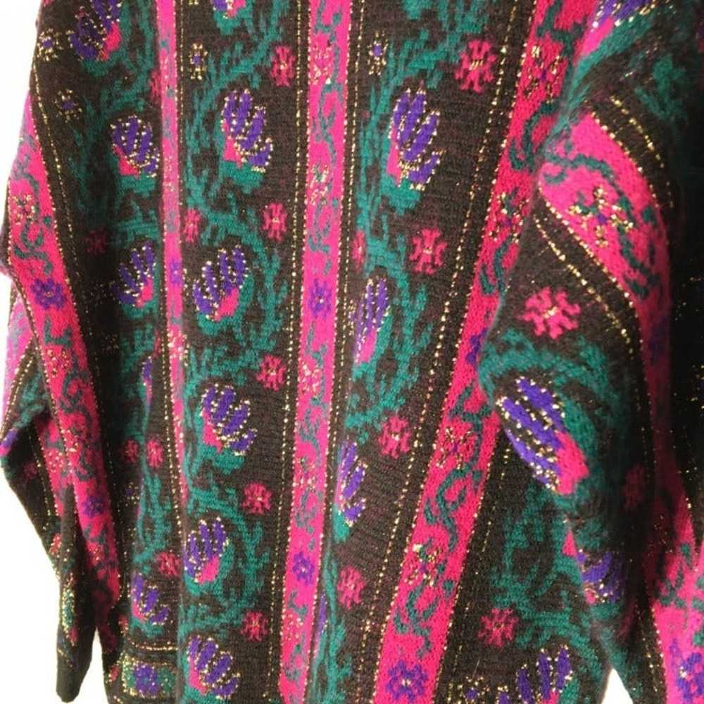 Vintage 80s Black Floral Sweater, Bright Fuchsia … - image 6