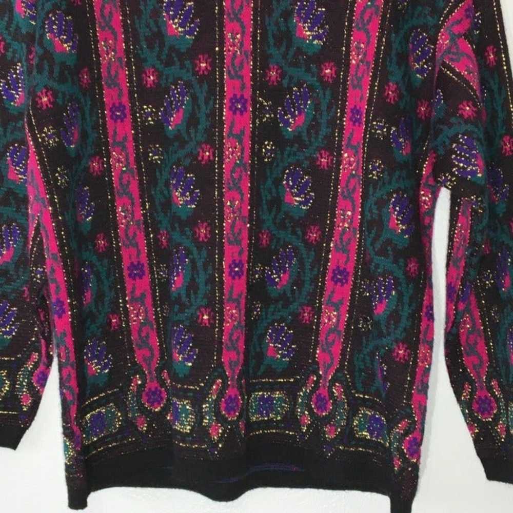 Vintage 80s Black Floral Sweater, Bright Fuchsia … - image 7