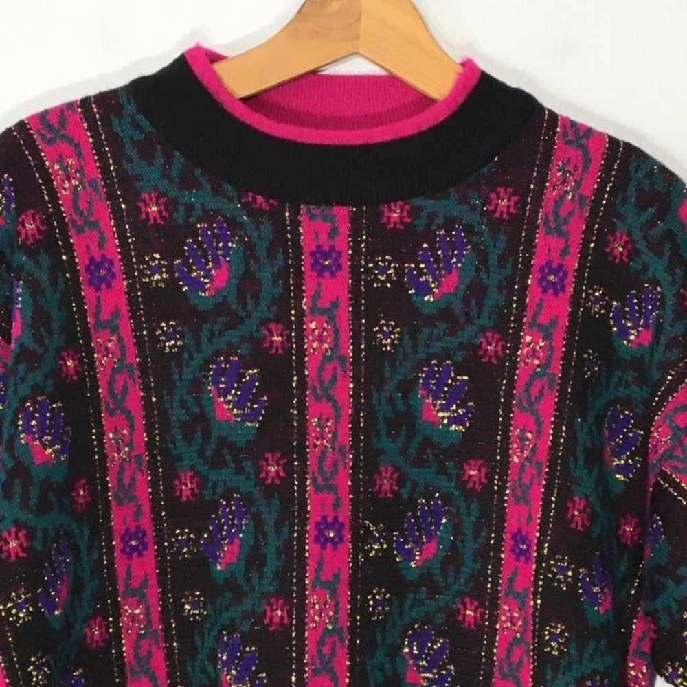 Vintage 80s Black Floral Sweater, Bright Fuchsia … - image 8