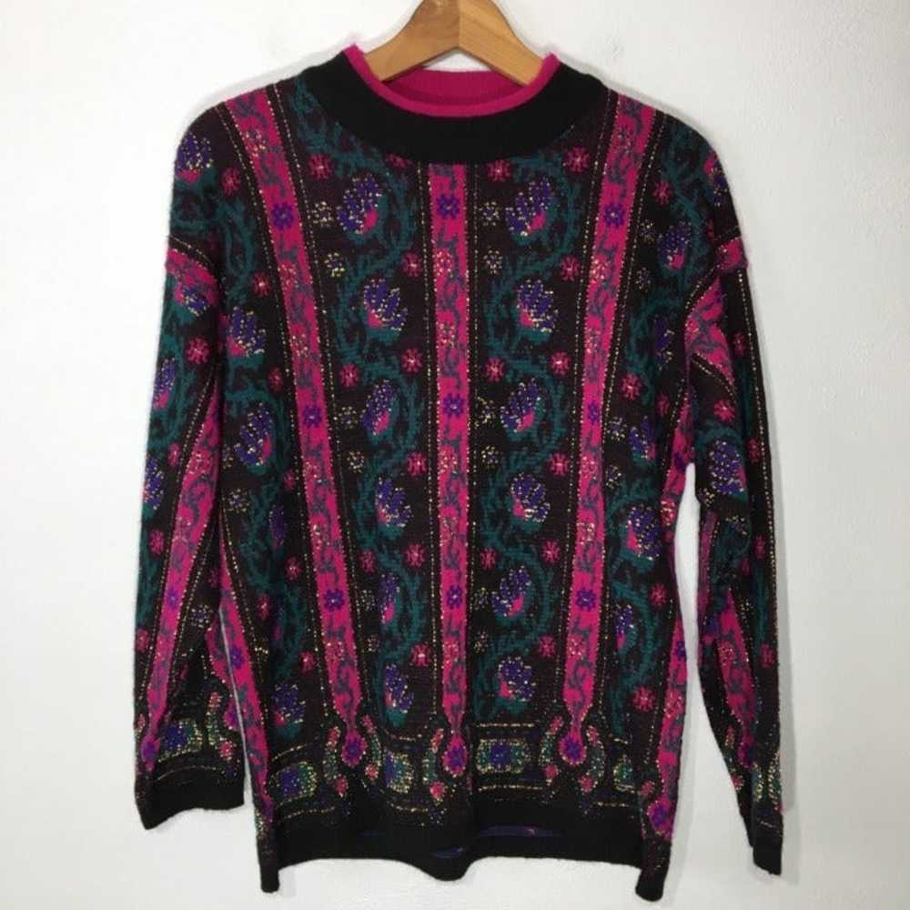 Vintage 80s Black Floral Sweater, Bright Fuchsia … - image 9
