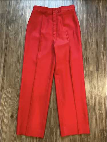 Vintage 70s Red Polyester Trousers, Short Capri Trousers, Elastic Waist,  Handmade VTG Pants, Striped Pattern Polyester, Size Small Medium 