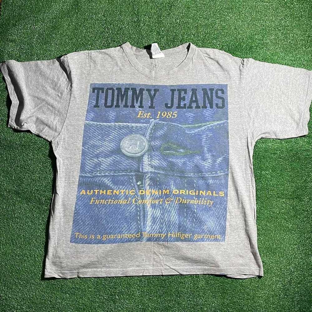 Vintage 90s Tommy Jeans Denim Big Print Graphic T… - image 1