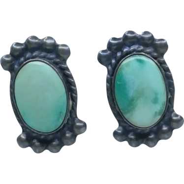 Antique Screwback Earrings With Green Oval Center… - image 1