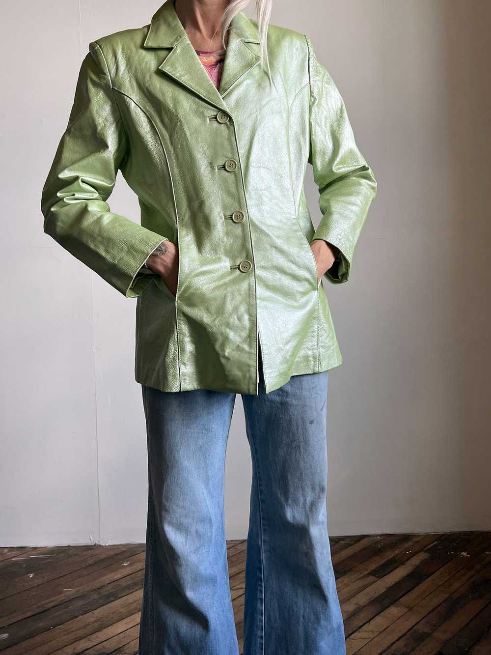 Vintage 1990's Metallic Green Leather Coat, 90's … - image 2