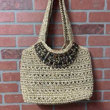 SUN N SAND BEADED/MACRAME STRAW BAG BEACH/BOHEMIA… - image 1