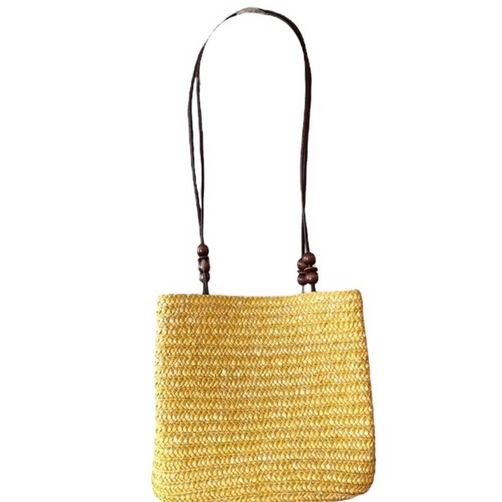 Vintage Yellow Wheat Straw Woven Purse Boho Beaded - image 1